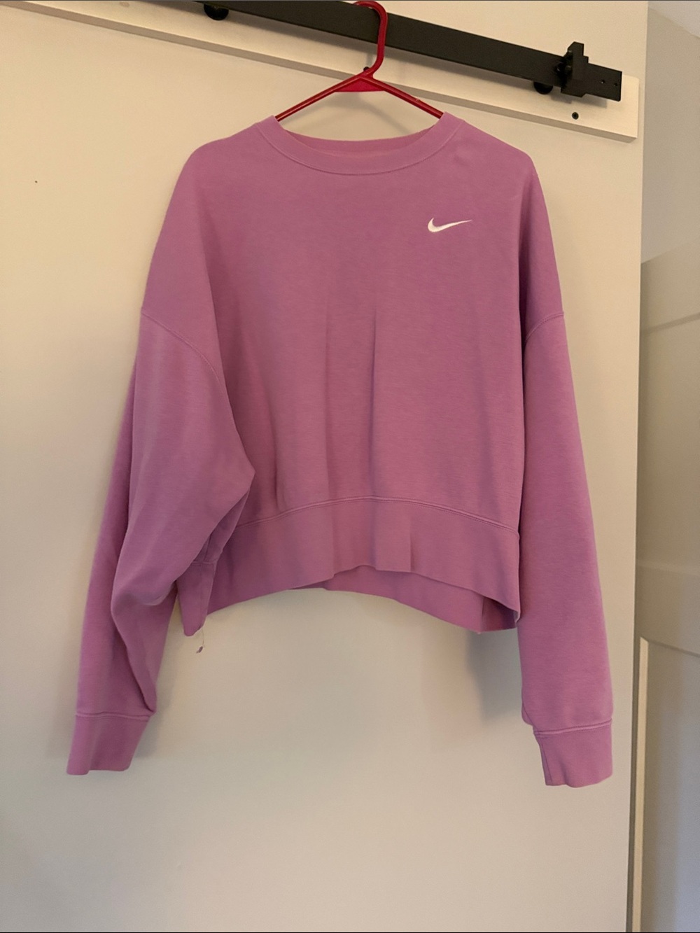 Nike pink slightly cropped Crew Sweatshirt with White Swoosh